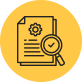 Icon of a document with a gear and a magnifying glass, set against a yellow background.