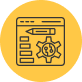 An icon depicting a webpage with a pencil and a gear, all enclosed within a yellow circular background.