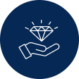 A hand holding a diamond icon against a circular blue background.