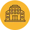 A simple line drawing of a building inside a yellow circle.
