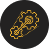An icon depicting two interlocking gears with a diagonal arrow emphasizing movement
