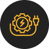 A graphic of a gear with a lightning bolt inside, connected to a plug