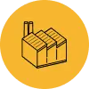 An icon of three industrial boxes with two smokestacks, set against a yellow circular background.