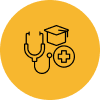 An illustration featuring a stethoscope, a graduation cap, and a medical cross, all within a circular yellow background.