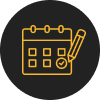 A calendar icon with a checkmark and a pencil on a black background.