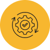 A yellow circular icon featuring a gear with a checkmark and arrows around it, symbolizing a process or workflow.