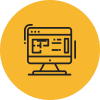 Icon of a computer monitor with a window displaying text and design elements, set against a yellow circular background.