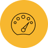 A simple line drawing of a speedometer inside a yellow circle.