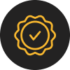 A black circle with an orange badge design and a checkmark inside.