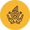 An icon depicting two hands holding a gear symbol with a user silhouette and upward-trending graphs,