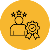 Icon of a person with three stars above their head and a badge with a checkmark and gear next to them, all within a circular, yellow background.