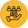 An icon depicting a hand holding a gear symbol with three figures above it