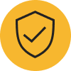 A yellow circle with a black shield and check mark inside.