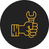A hand holding a wrench on a black circular background.
