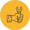 A stylized hand holding a wrench