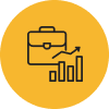 An icon depicting a briefcase with a line graph and bar chart, all set against a yellow circular background.