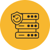 A server icon with a shield, on a yellow background.