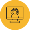 An icon of a computer monitor with a person wearing headphones