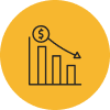 A line chart with a dollar sign indicating a decrease in value, set against a yellow circular background.