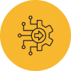 A gear icon with circuit patterns and an arrow, set against a yellow circular background.