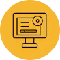 A computer monitor displaying a document or certificate icon on a yellow background.