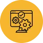 Icon depicting a computer screen with a check mark and gears,