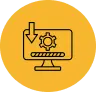 Icon of a computer monitor with a downward arrow and gear, set against a yellow background.