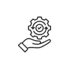 A line art illustration of a hand holding a gear icon with a checkmark inside it.