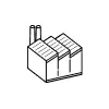 A simple line drawing of a warehouse or factory building with two chimneys.