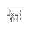 Line drawing of a hospital building.
