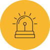 An illustration of a rotating emergency siren in a yellow circle.