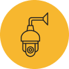 An illustration of a security camera with a circular yellow background.
