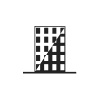 A black and white icon of a building with a grid-like pattern.