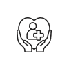 An outline of a heart with two hands cradling a person icon and a medical cross inside.