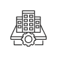 An outline illustration of a building with multiple windows and a gear underneath