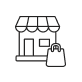 A simple line drawing of a storefront with a bag in front.