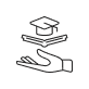An outline of a hand with a graduation cap and an open book above it.