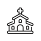 A simple line drawing of a church with a cross on top.