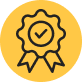 A yellow circular badge with a ribbon and a checkmark in the center.