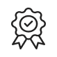A simple line drawing of a badge with a checkmark in the center and two ribbons at the bottom.