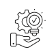 A hand holding a light bulb with a checkmark inside, next to a gear icon.