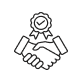 A simple line drawing of two hands shaking, with a badge and check mark above them.
