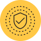 Shield icon with a check mark inside, set against a circular yellow background with dotted lines.