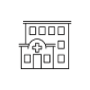 A simple line drawing of a hospital building with a cross symbol on the front.