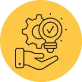 A hand holding a light bulb with a check mark and gears in the background, all displayed in a circular yellow design.