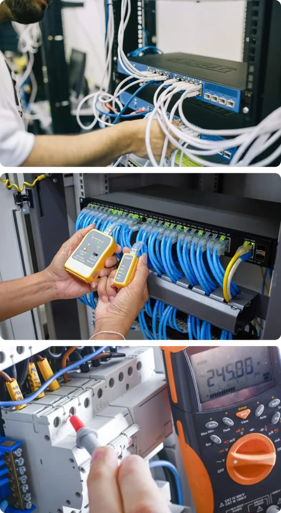 Three images featuring networking equipment installation.