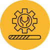 A gear with a wrench inside it, set against a yellow background.
