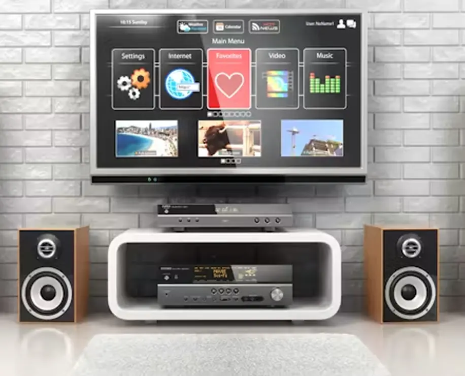 A modern living room setup featuring a flat-screen TV mounted on a wall