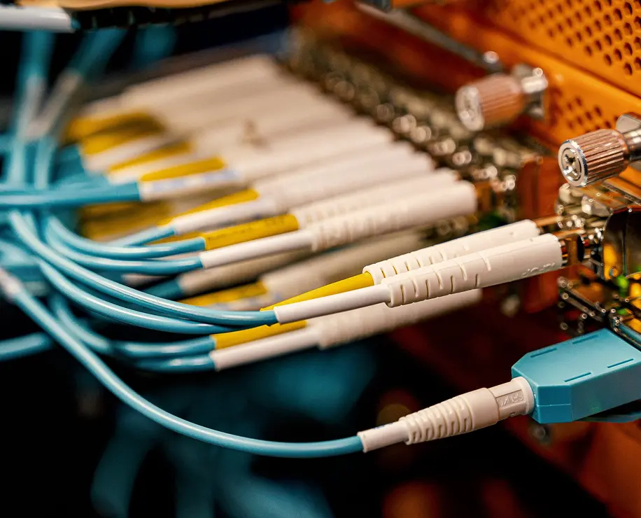 Close-up of several optical fiber cables connected to a panel,