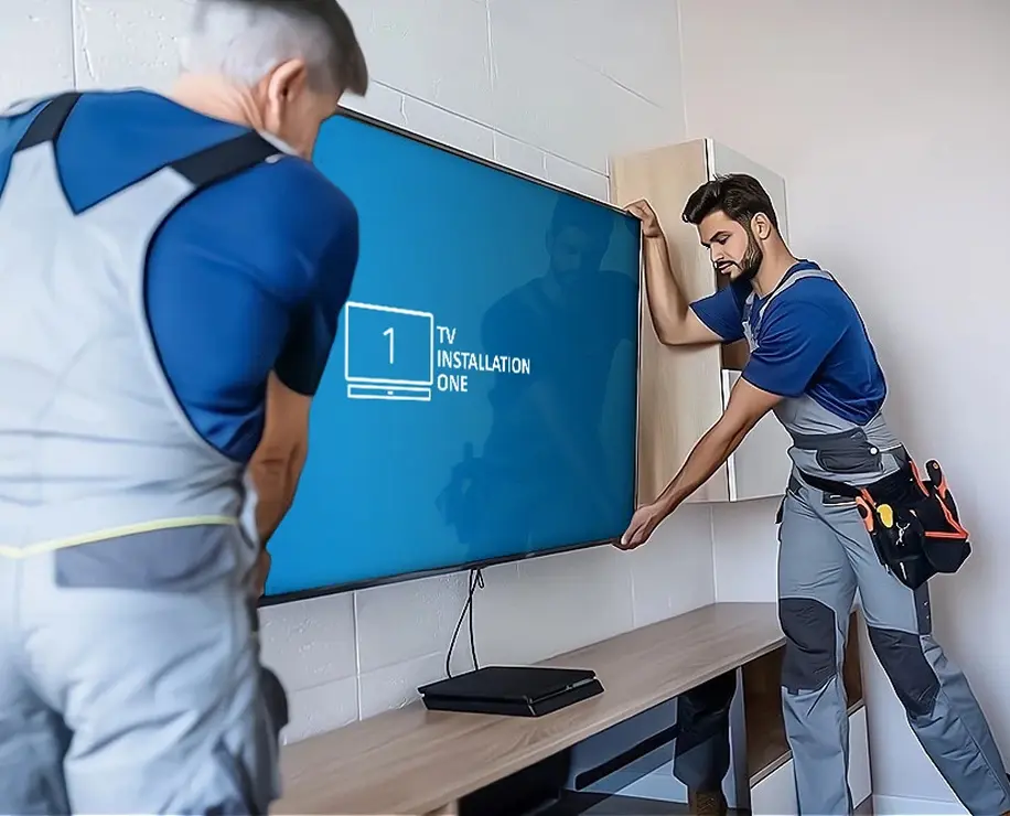 Two individuals installing a TV on a wall
